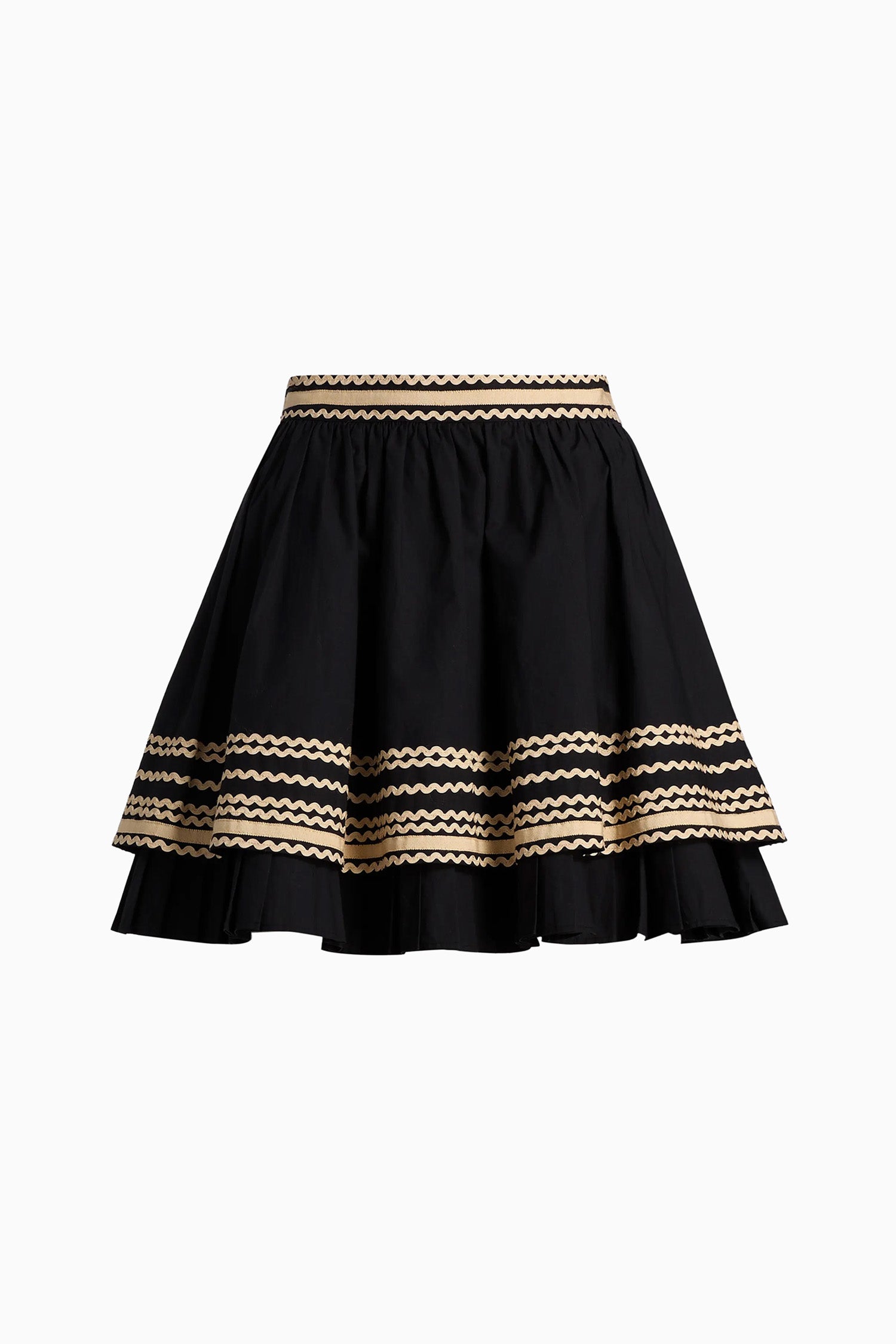 Noir Cotton Tiered Mini Skirt with Gold Ric-Rac Trim - Front View | Ulla Johnson