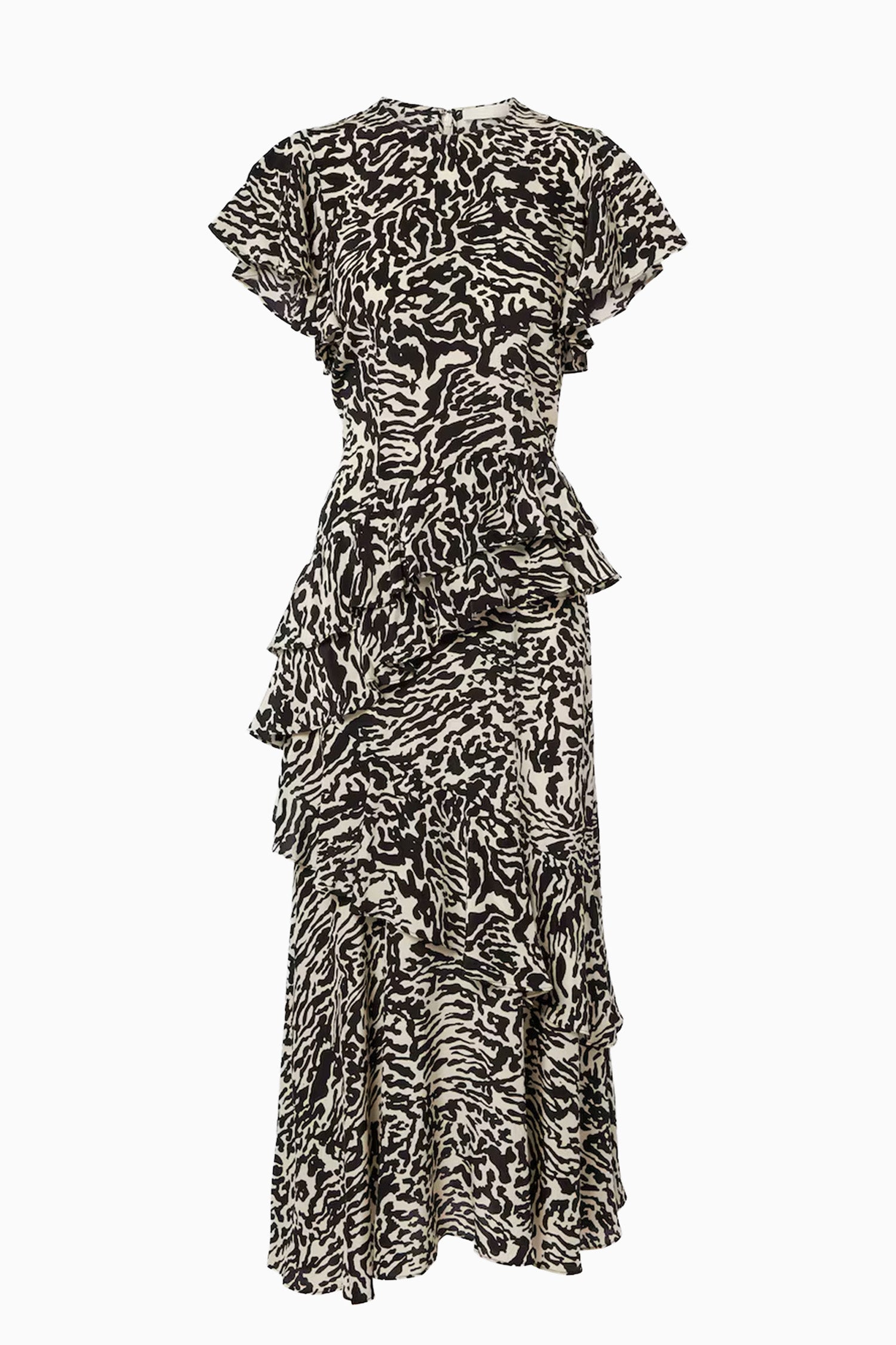 Spotted Jasper Silk Crepe de Chine Tiered Ruffle Midi Dress - Front View | Ulla Johnson