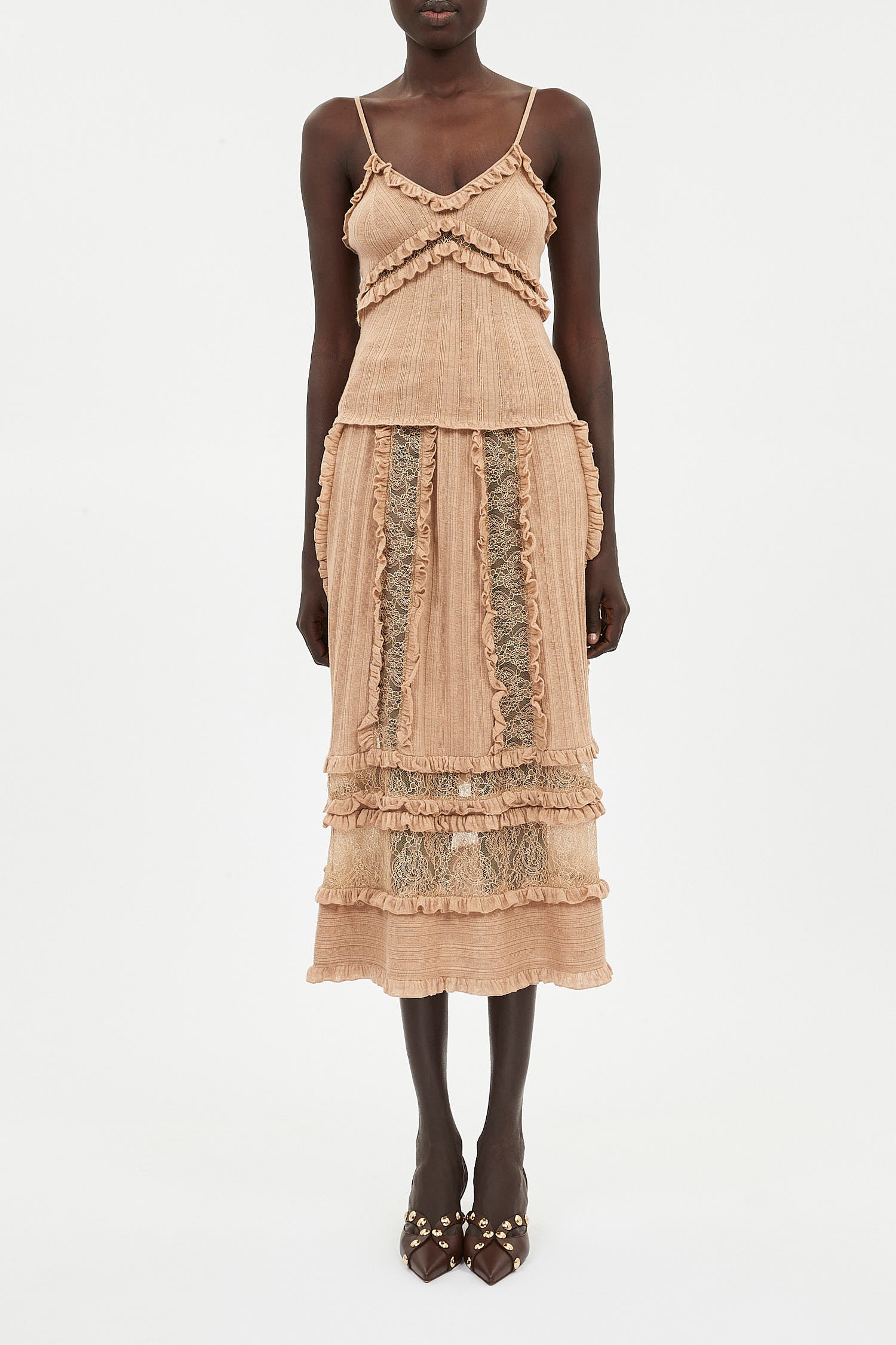 Anitha Ruffle and Lace Knit Tank - Camel Melange