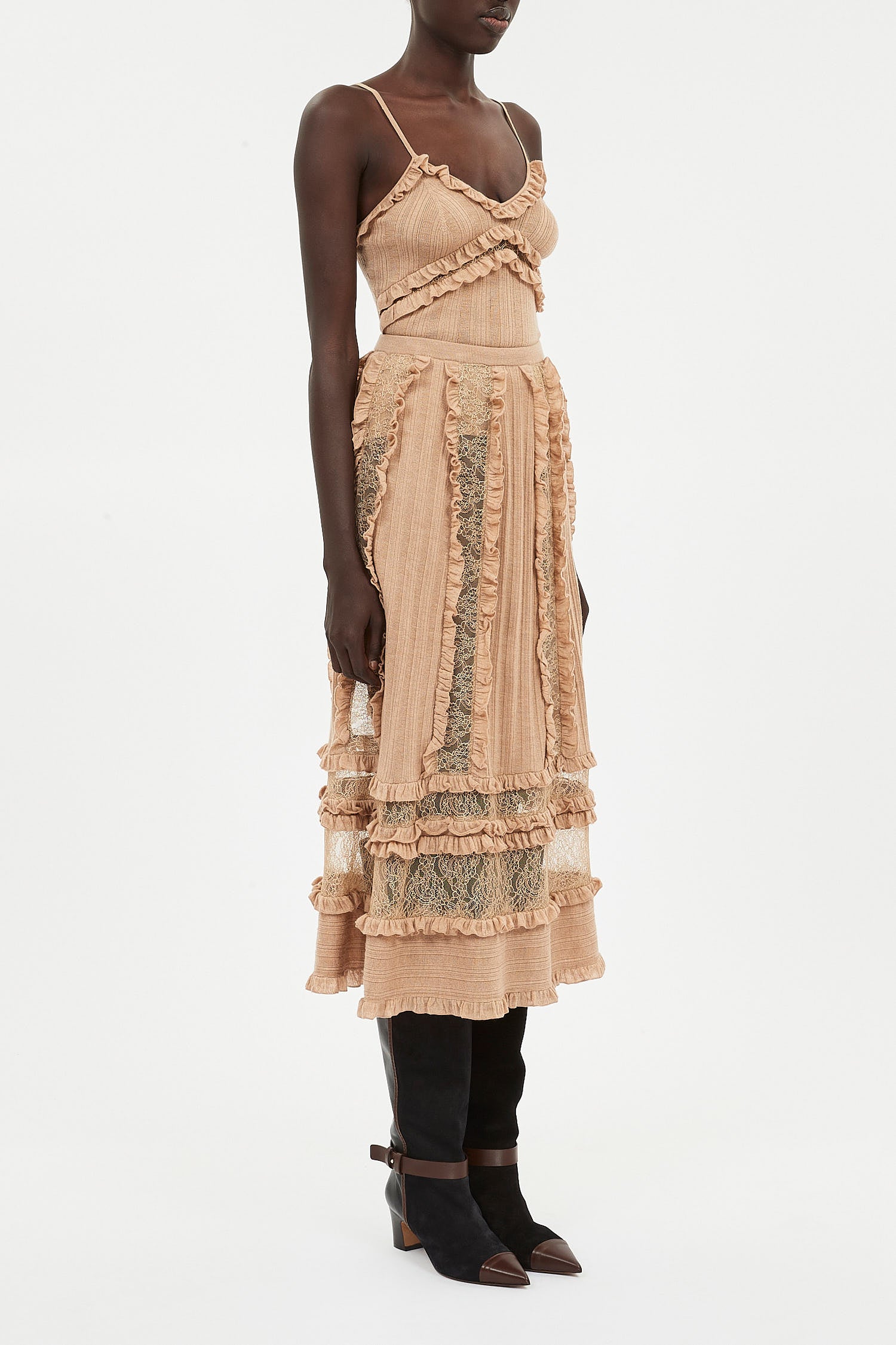 Ulla Johnson Vivian Ruffle and Lace Knit Midi Skirt- Camel Melange