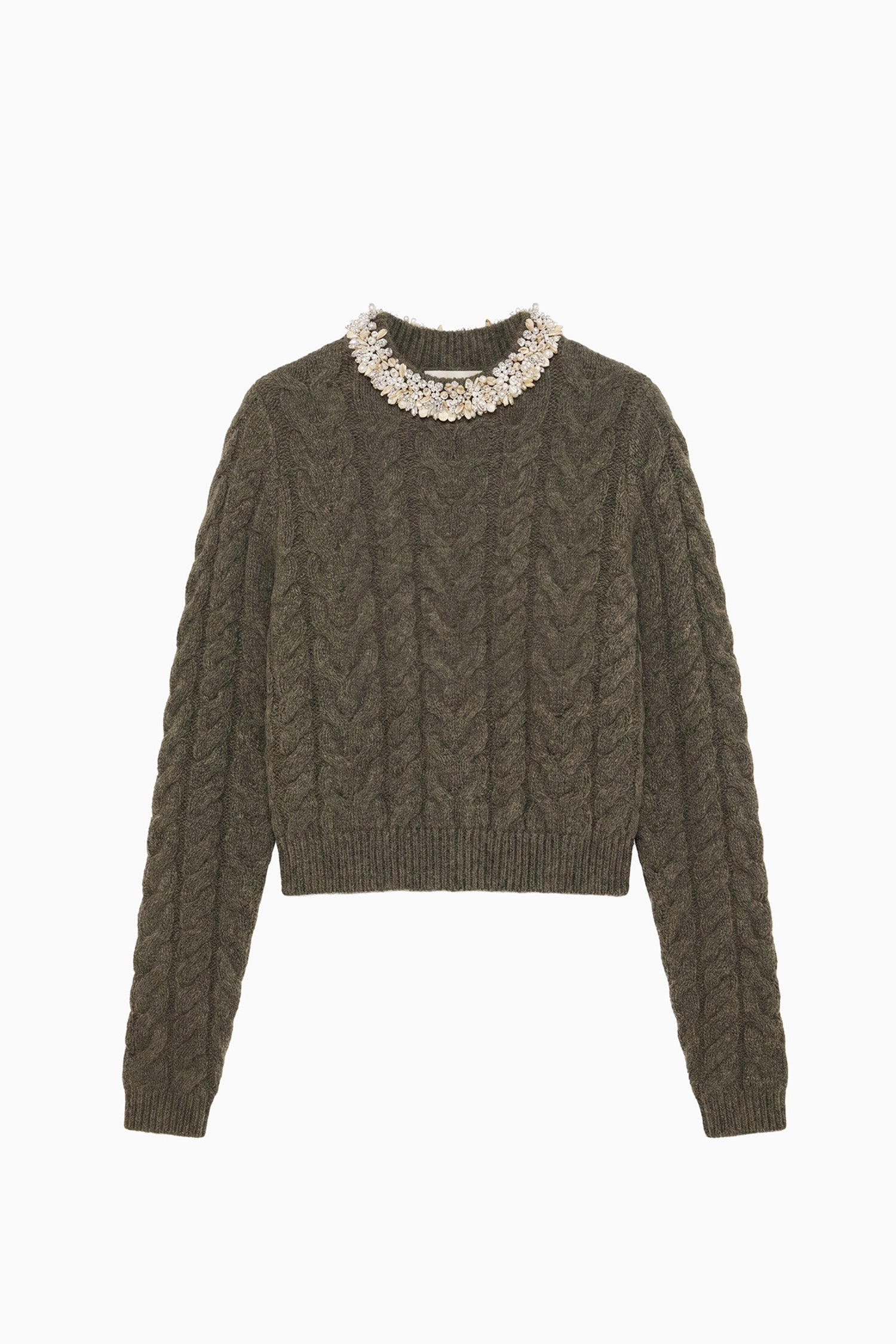 Ulla Johnson Marlie Cropped Knit Pullover with Embell - Militaire