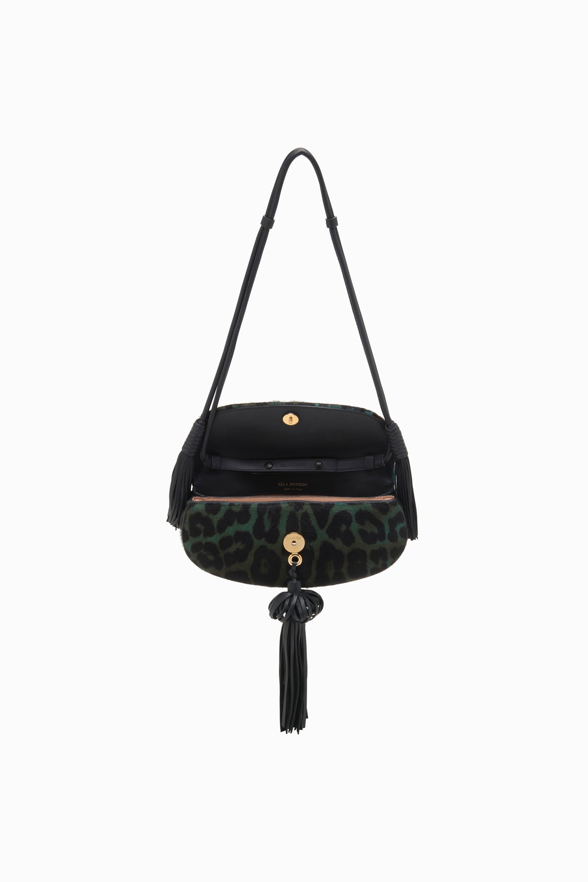 Sac Emerald Leopard Paloma avec rabat et pompon - Vue intérieure ouverte, doublure noire | Ulla Johnson