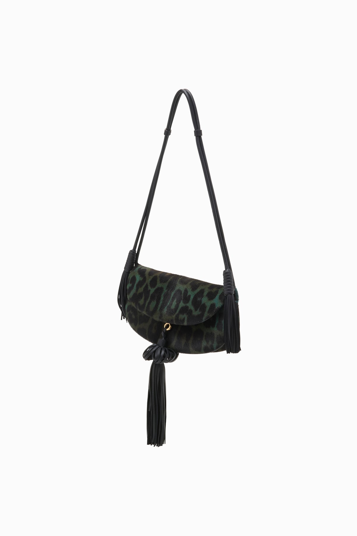 Sac Emerald Leopard Paloma avec rabat et pompon - Vue de côté avec bandoulière | Ulla Johnson