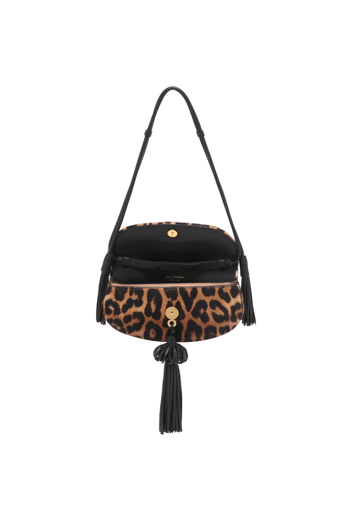 Sac à rabat en cuir bovin léopard, intérieur ouvert avec détail de quincaillerie dorée | Ulla Johnson