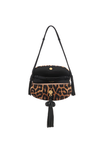 Sac à rabat en cuir bovin léopard, intérieur ouvert avec détail de quincaillerie dorée | Ulla Johnson