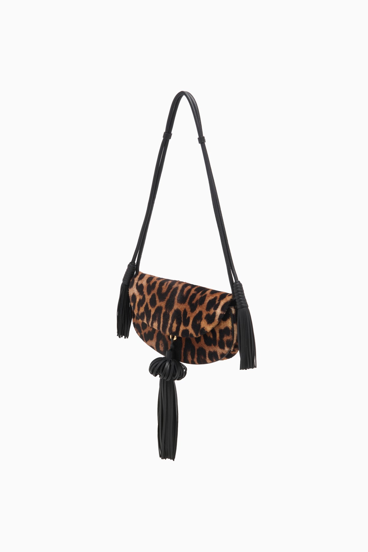 Sac bandoulière de créateur en poulain léopard avec pompons en cuir noir - Vue latérale | Ulla Johnson