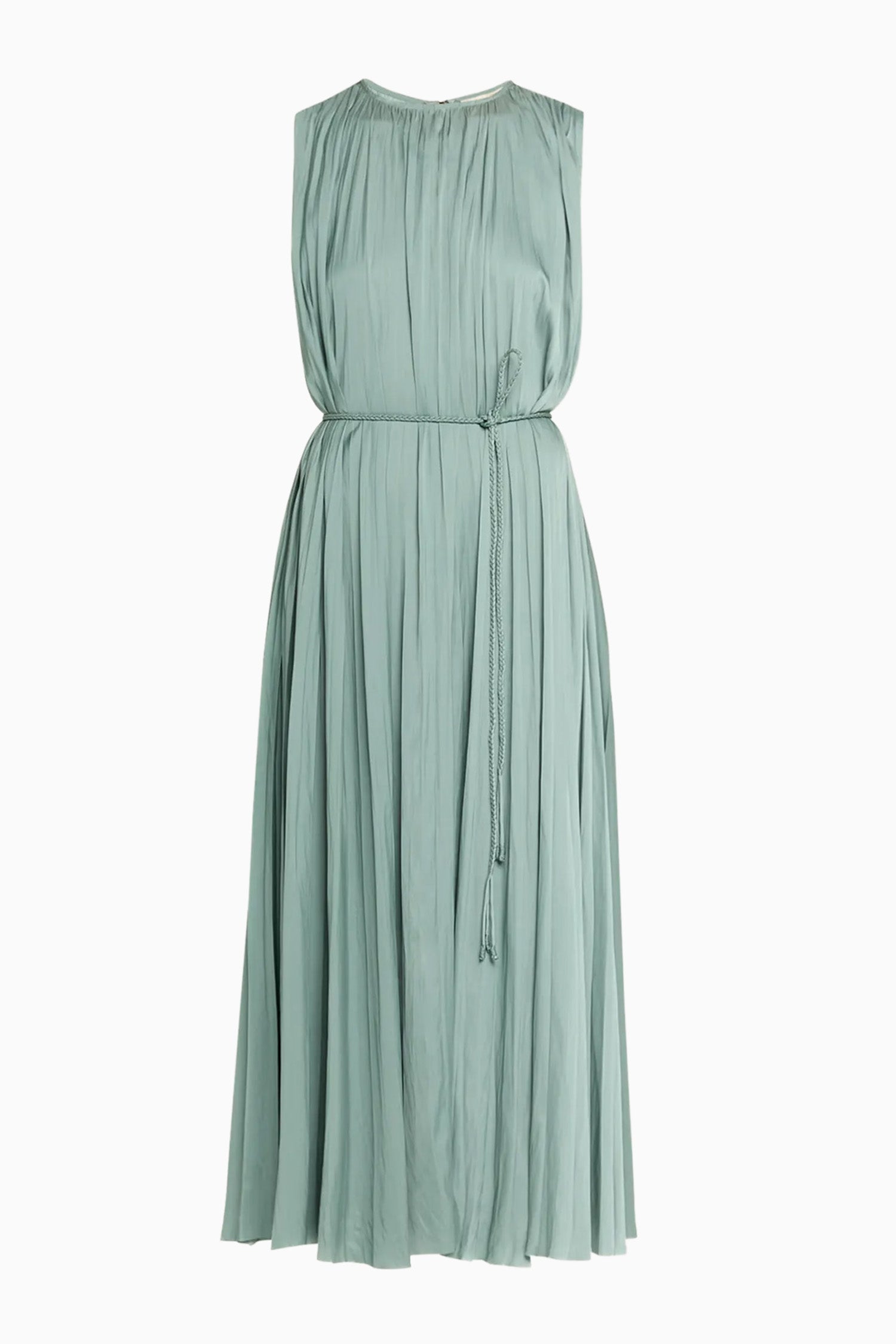 Sea Glass Plissé Satin Pleated Midi Dress with Braided Belt - Front View | Ulla Johnson
