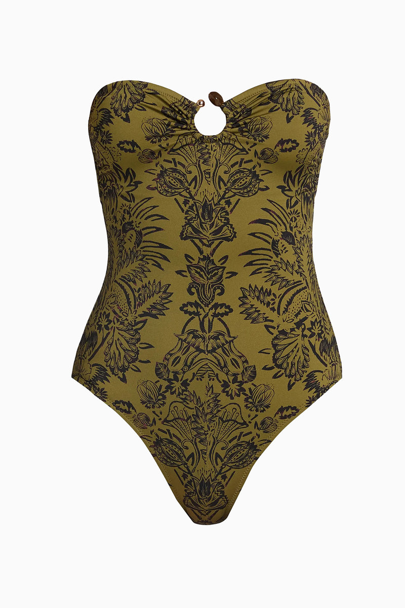 Hydra Strapless Maillot with Ring Detail - Olive Flora Olive Green