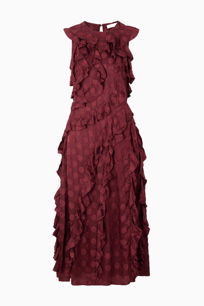 Claret Silk-Blend Jacquard Cascading Ruffle Midi Dress - Front Flat Lay | Ulla Johnson