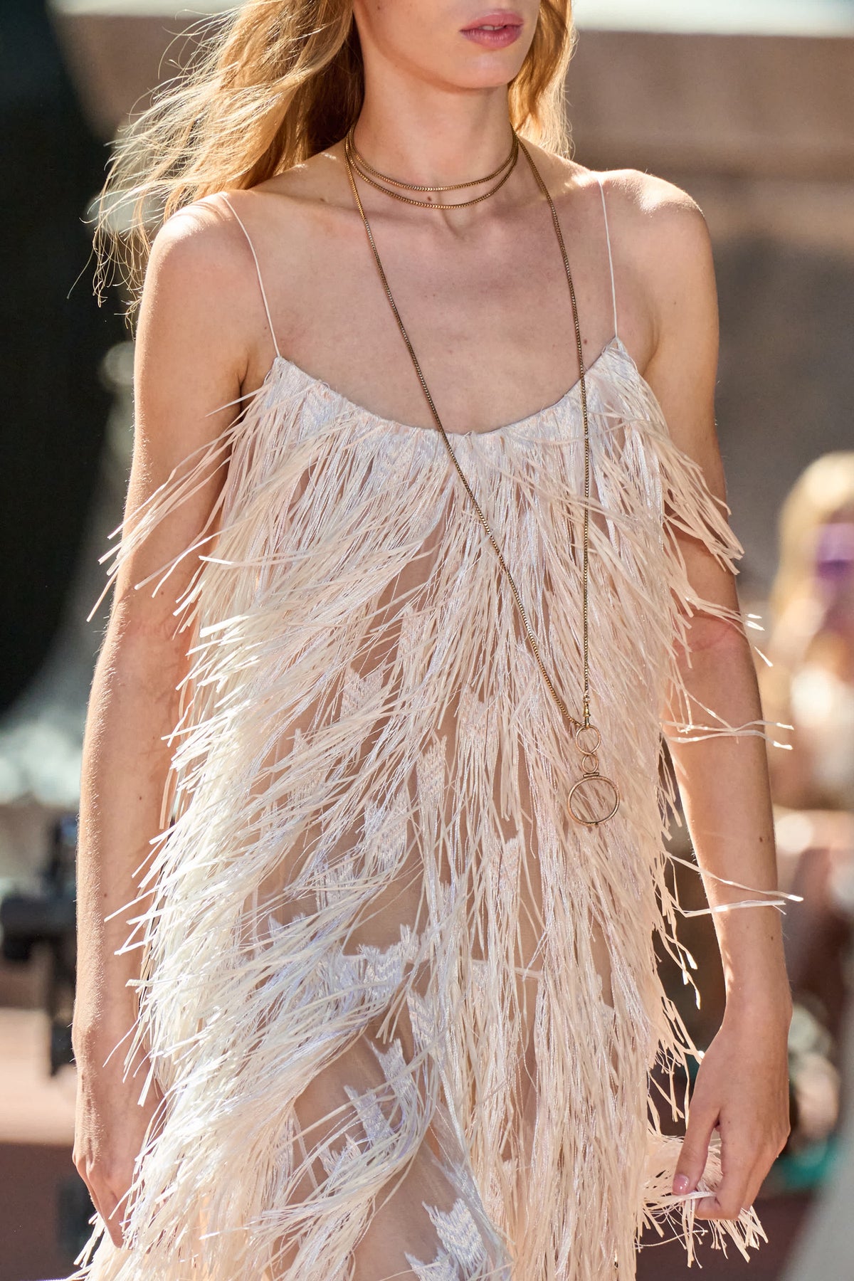 Vestido largo Maria con tirantes de espagueti y flecos - Ecru