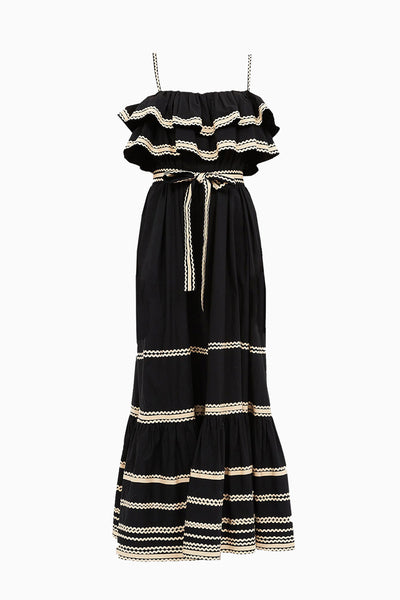 Noir Cotton Poplin Lucian Waist Tie Long Dress with Ric-Rac Trim - Front View | Ulla Johnson
