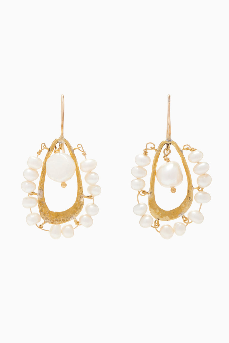 Beaded Single Drop Earring - Pearl Recycled Brass Drop with