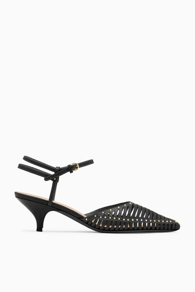 Cuir Noir Cage Petit Talon, Bout Pointu - Vue de Profil | Ulla Johnson