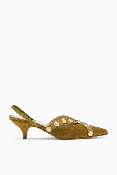 Slingback Petit Talon Clouté Daim Olive - Vue de Profil | Ulla Johnson