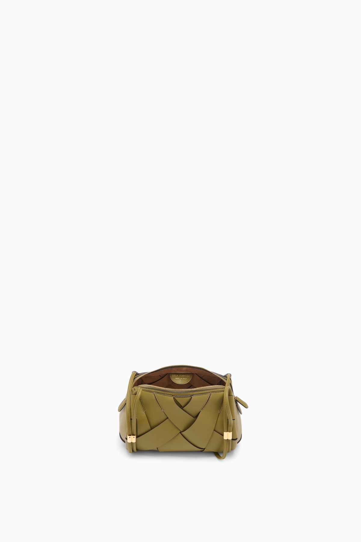 Sac caméra Charlotte en cuir olive, intérieur ouvert doublé de daim - Vue de dessus | Ulla Johnson