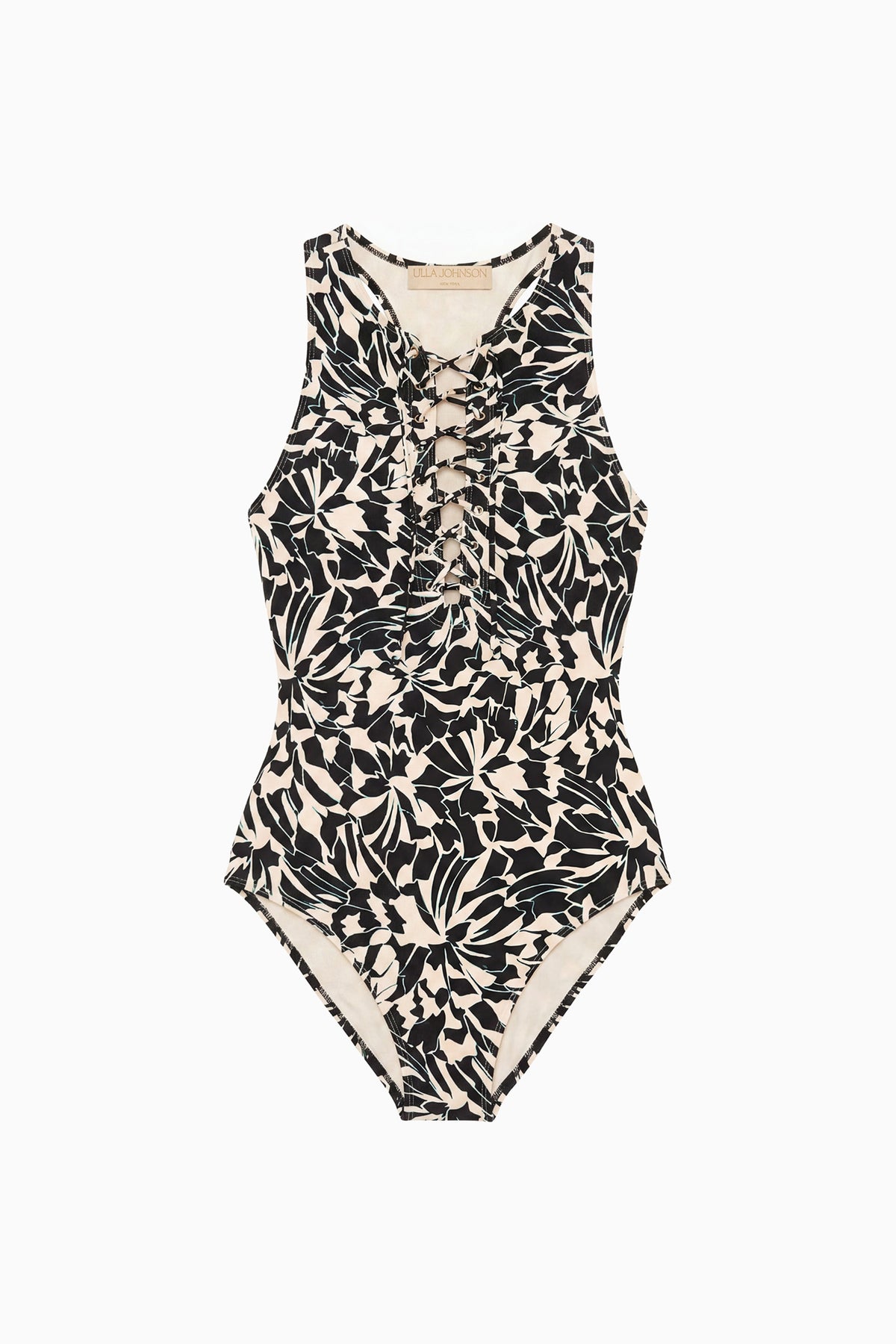 Maillot une pièce Solina à lacets, imprimé botanique Mercury - Vue à plat | Ulla Johnson