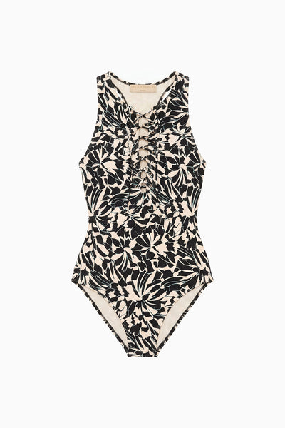 Maillot une pièce Solina à lacets, imprimé botanique Mercury - Vue à plat | Ulla Johnson