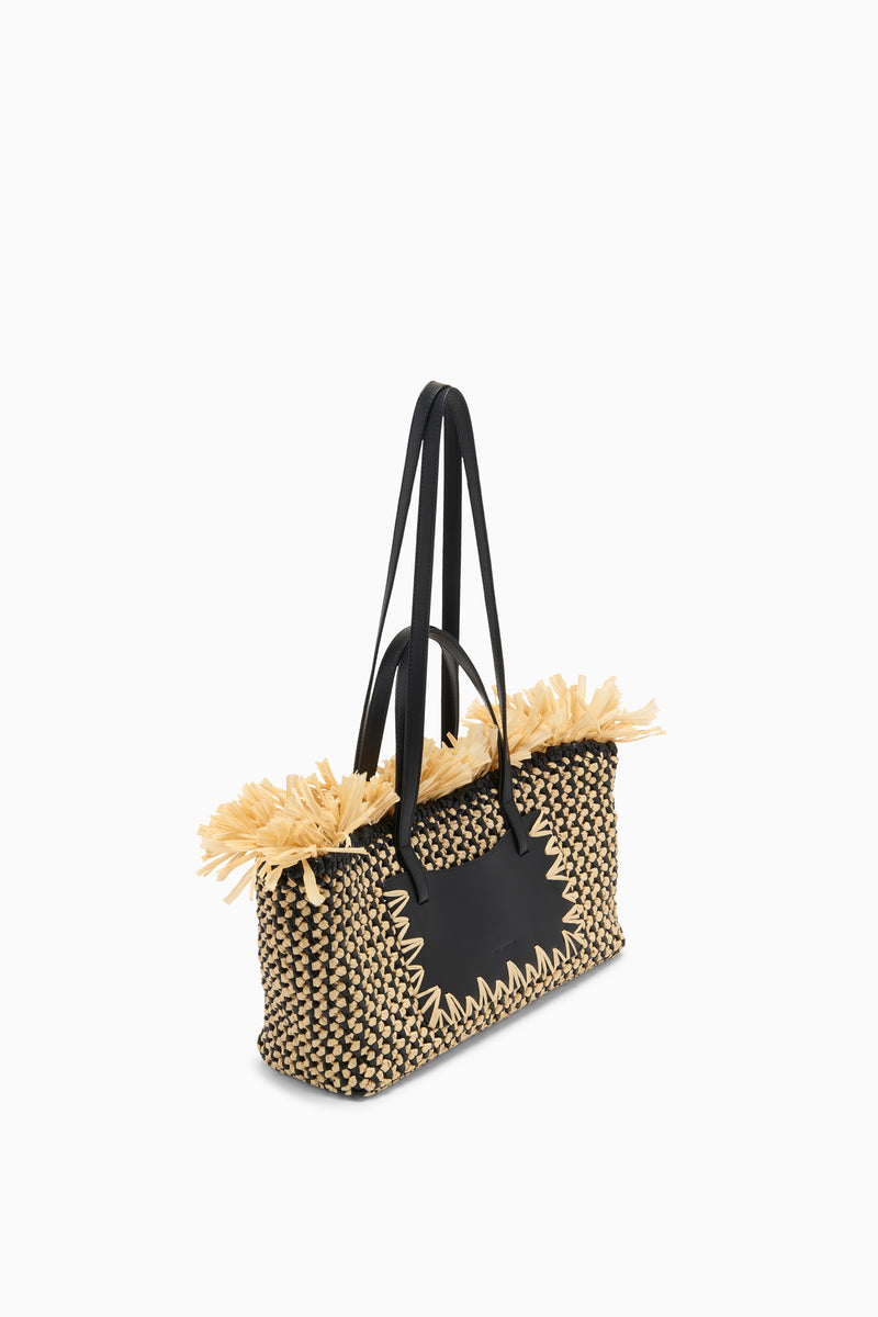 Lali Small E/W Tote - Noir Natural Woven Raffia Tote with Leather
