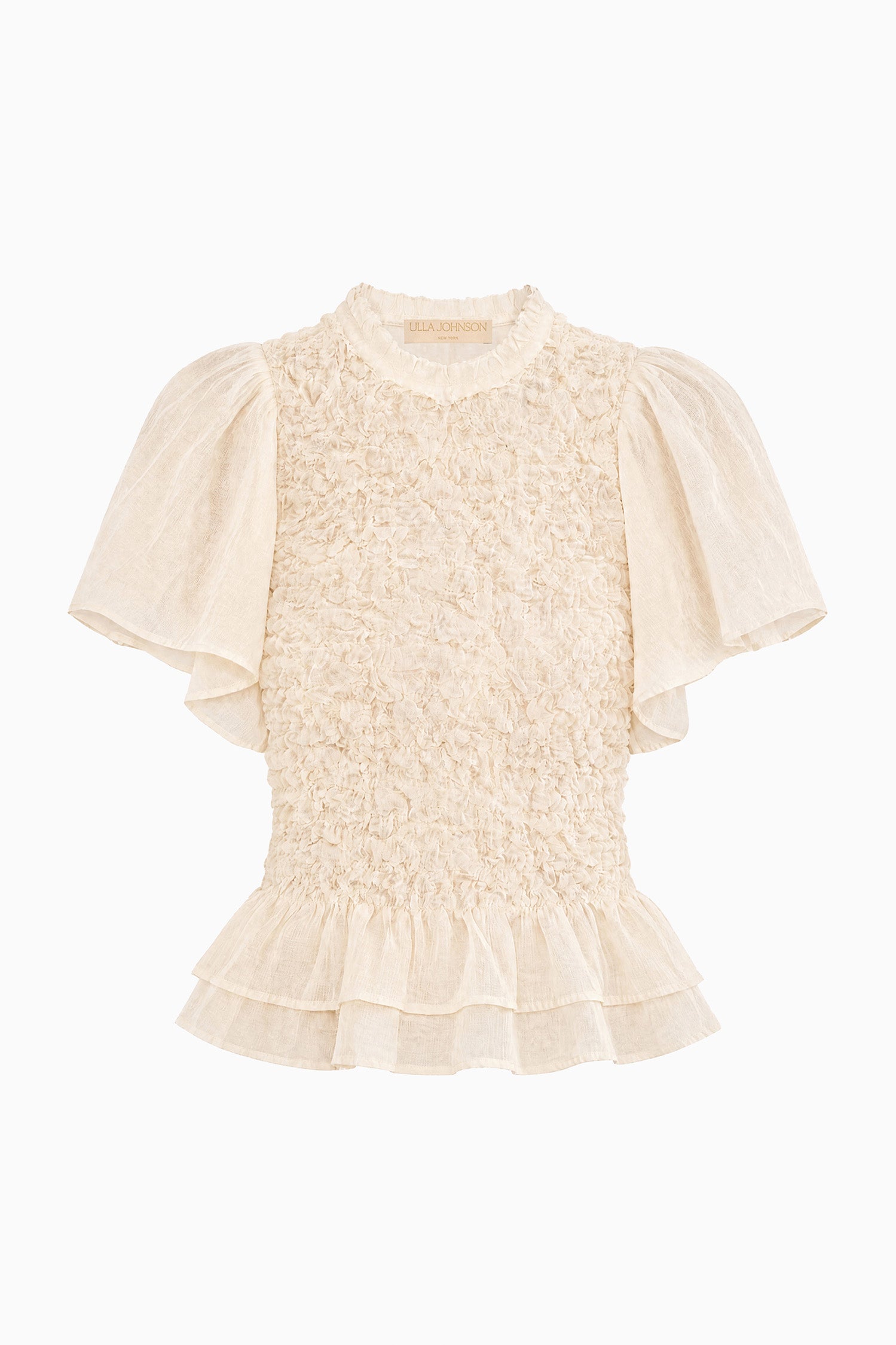 Ulla Johnson Cowrie Cotton Wool Luxury Smocked Peplum Top - Flat Lay Product View | Ulla Johnson