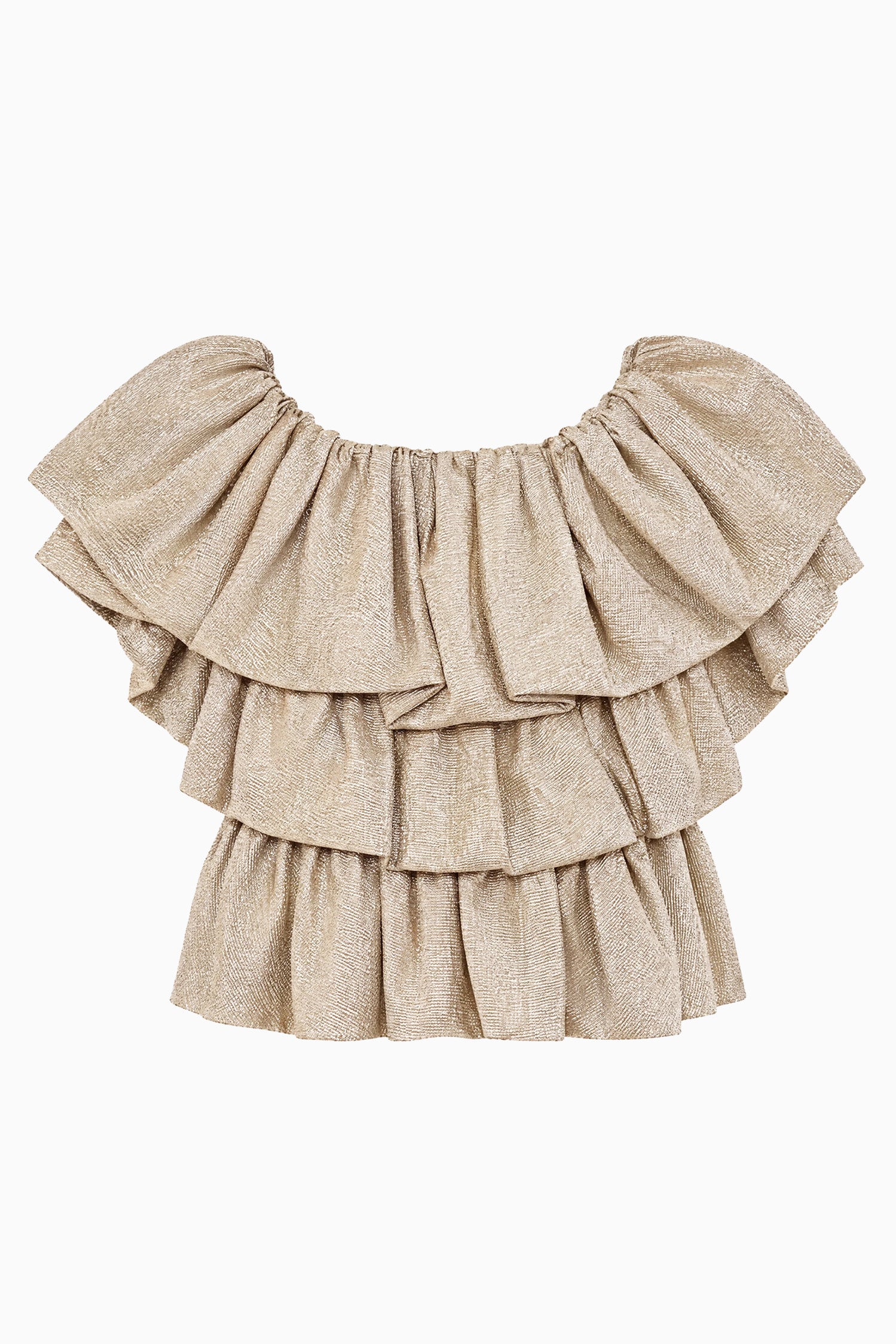 Ulla Johnson Blouse Argent Metallic Lamé à volants à étages - Vue à plat, top de créateur de luxe | Ulla Johnson