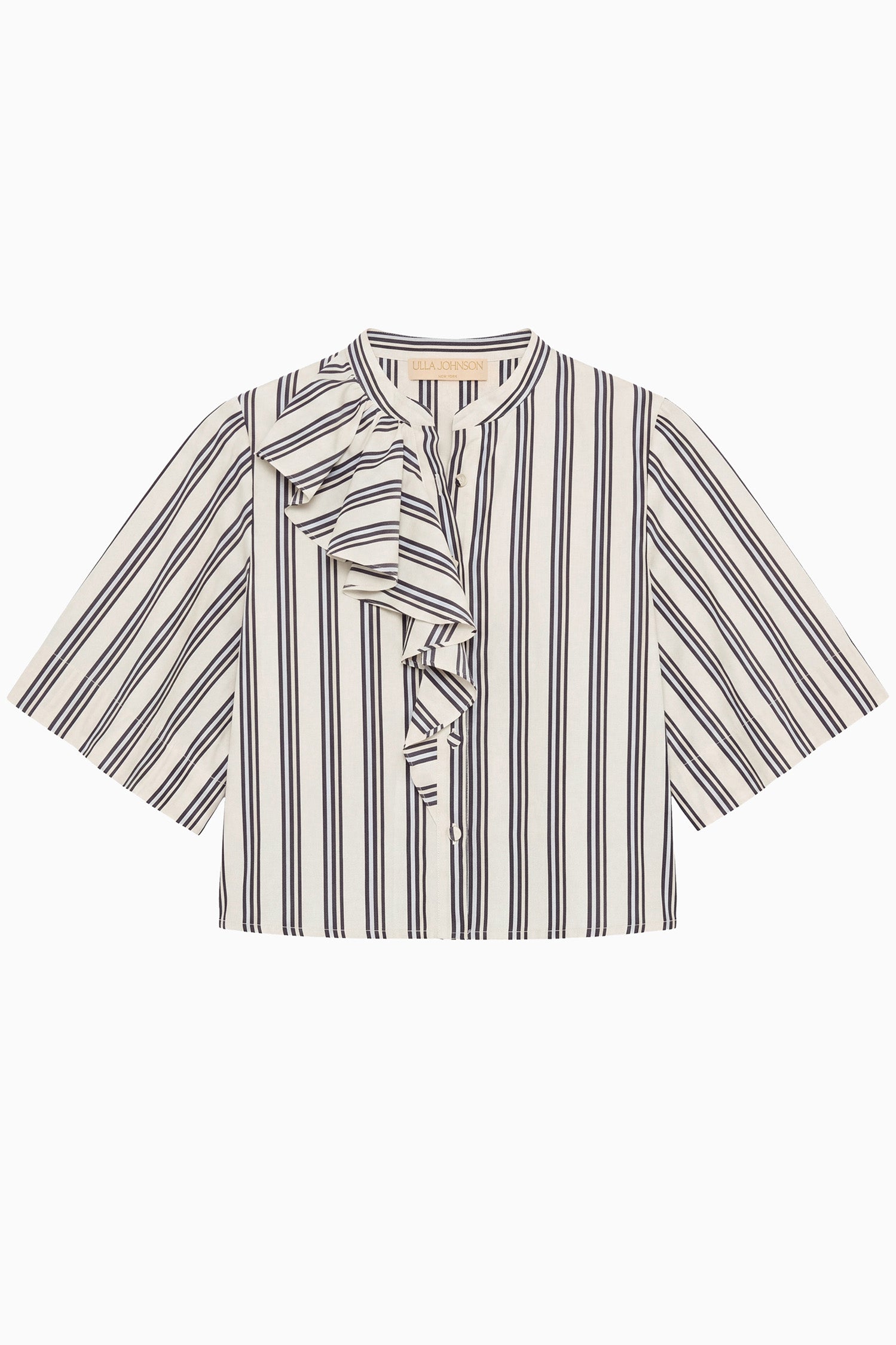 Ulla Johnson Ecru Stripe Premium Cotton Ruffle Blouse - Flat Lay Front View | Ulla Johnson