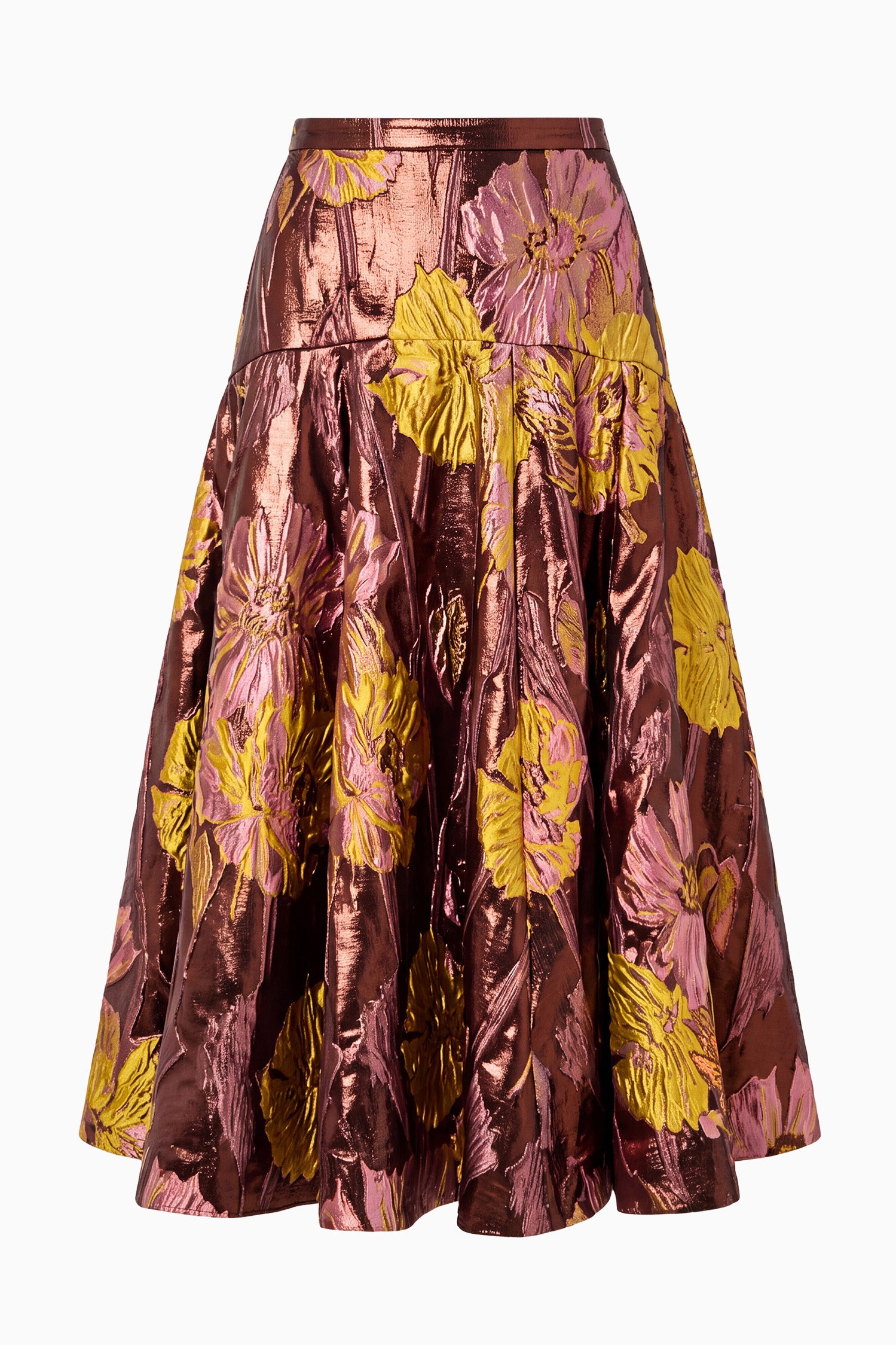 Ulla Johnson Jupe midi plissée Metalrose Floral Lurex Jacquard - Vue à plat, jupe plissée de créateur de luxe | Ulla Johnson