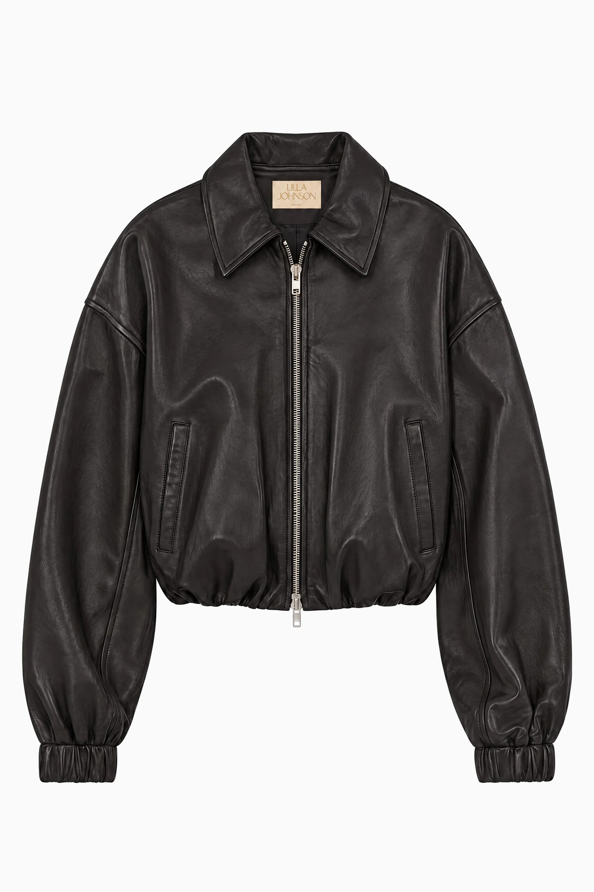 Noir Lamb Leather Cropped Blouson Jacket - Flat Lay, Designer Zip Detail | Ulla Johnson