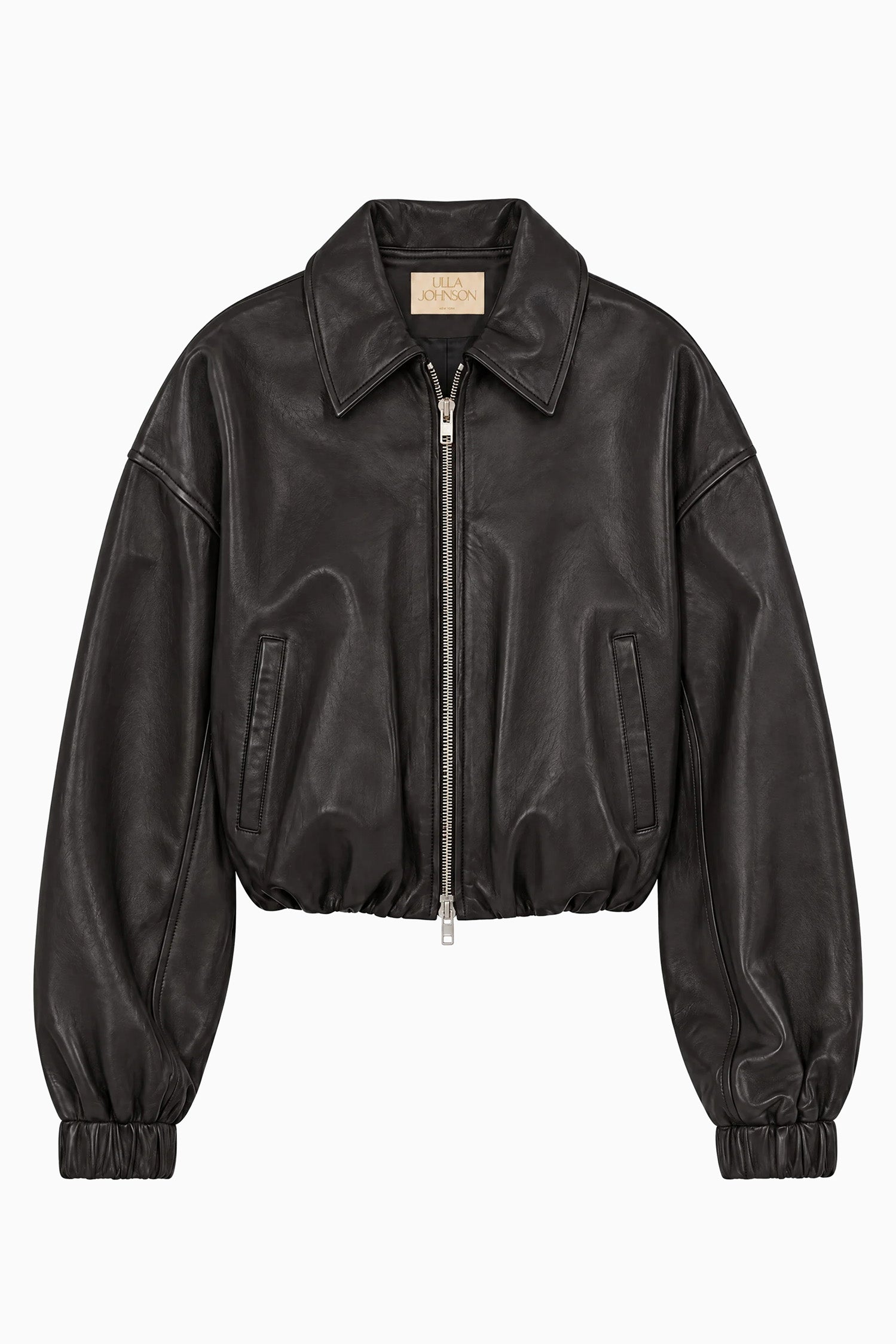 Ulla Johnson Noir Lamb Leather Cropped Blouson Jacket - Flat Lay, Designer Zip Detail | Ulla Johnson