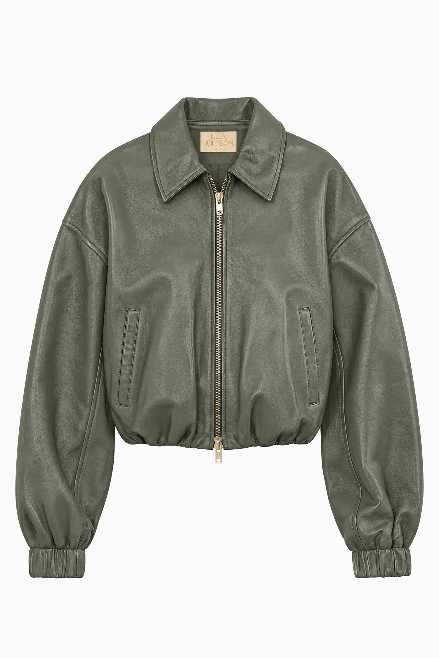Ulla Johnson Serpentine Green Nappa Leather Cropped Blouson Jacket - Flat Lay | Ulla Johnson