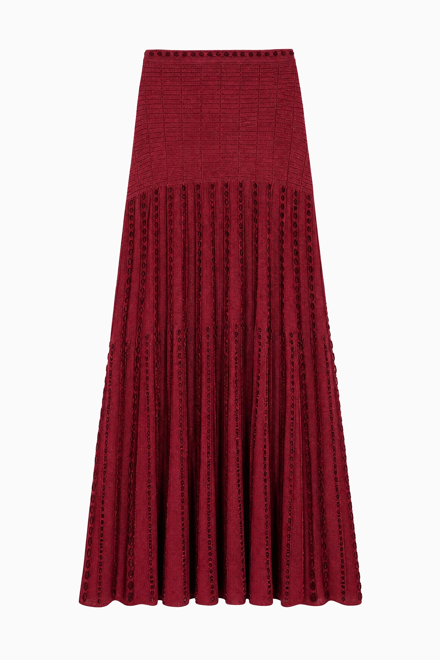 Ulla Johnson Garnet Rayon Knit Midi Skirt - Flat Lay, Designer Eyelet Detail | Ulla Johnson