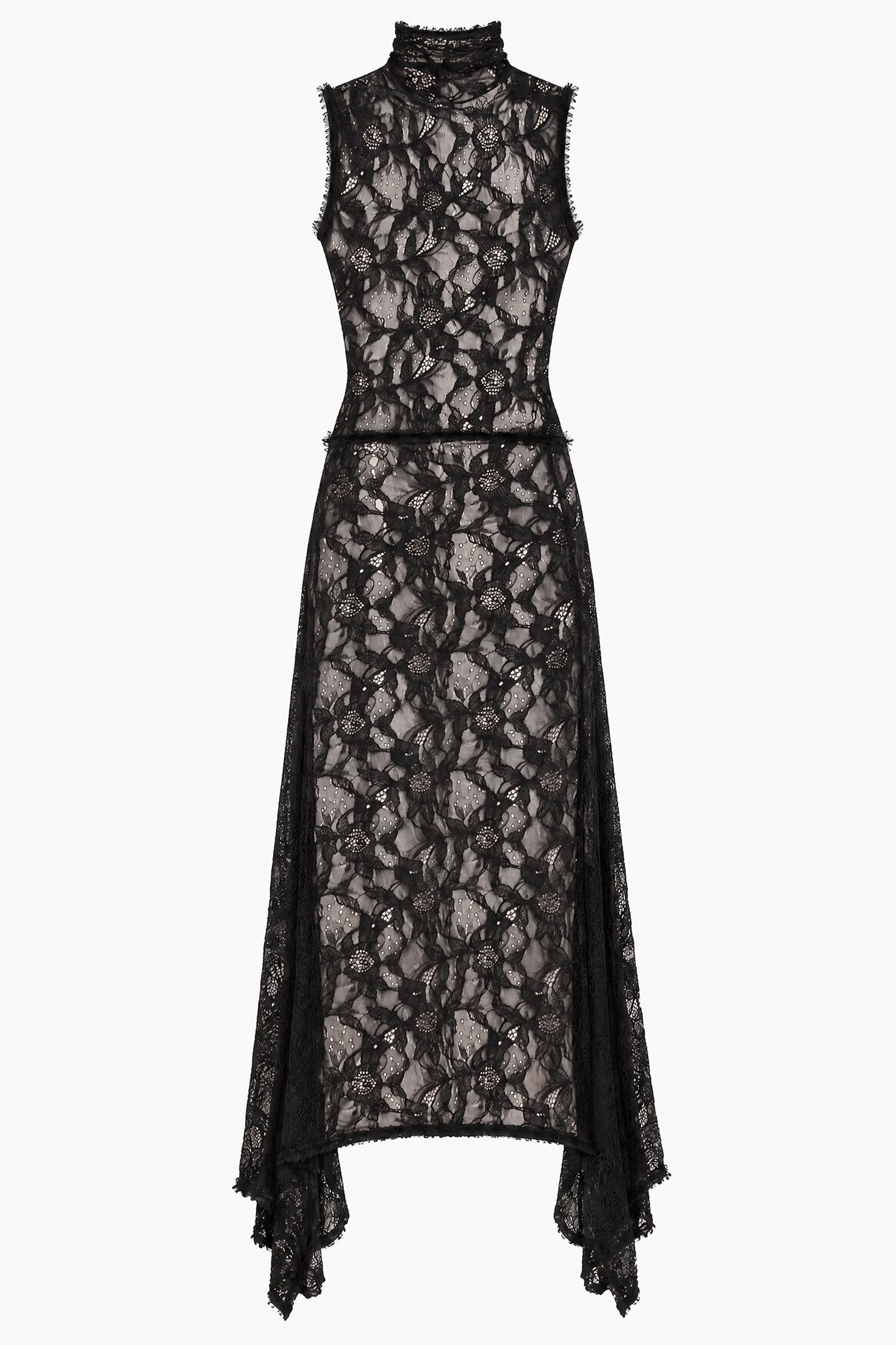 Ulla Johnson Noir Designer Chantilly kant jurk met opstaande halslijn - platte legging vooraanzicht | Ulla Johnson