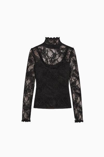 Noir Chantilly-Spitze Rollkragenpullover – Liegend Produktansicht | Ulla Johnson