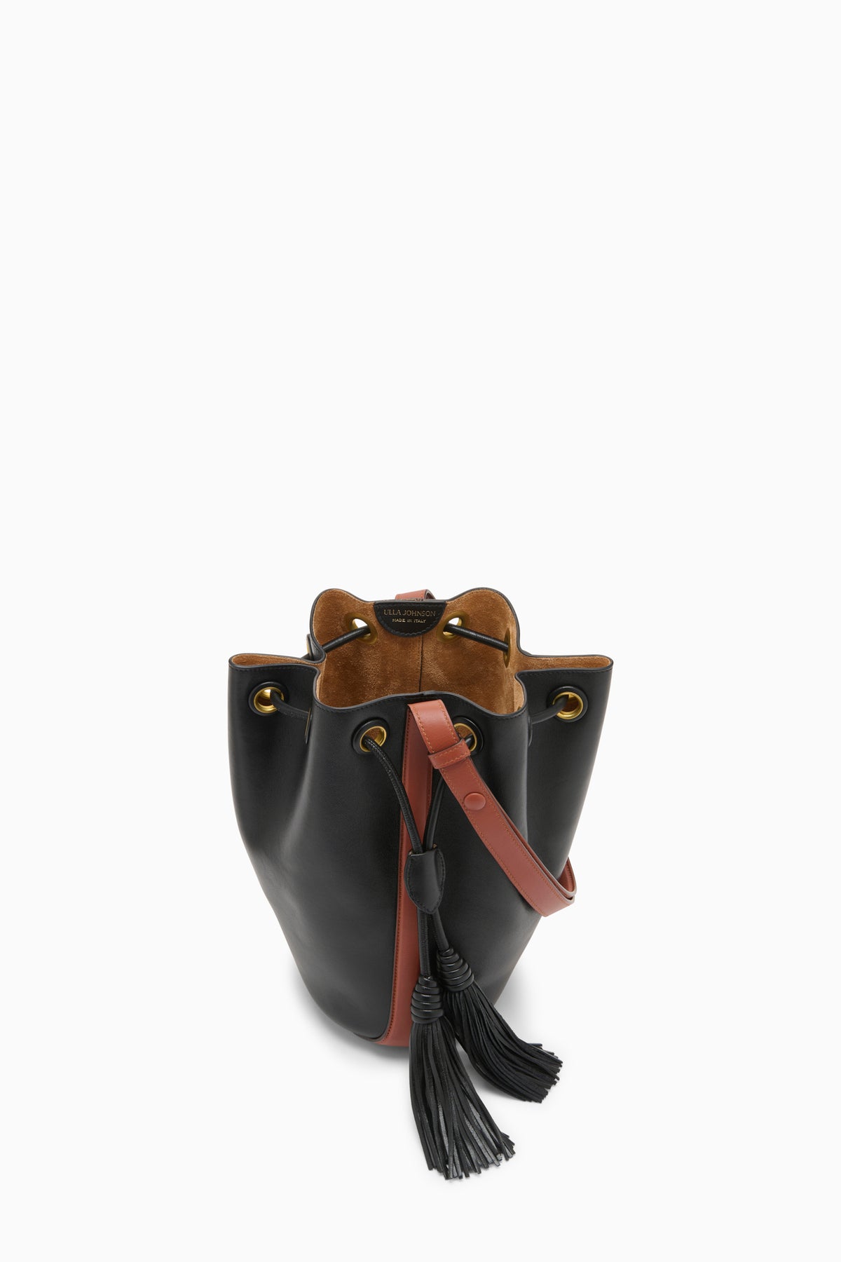 Black Nappa Leather Bucket Bag Open Interior View, Suede Lining and Gold Eyelets | Ulla Johnson