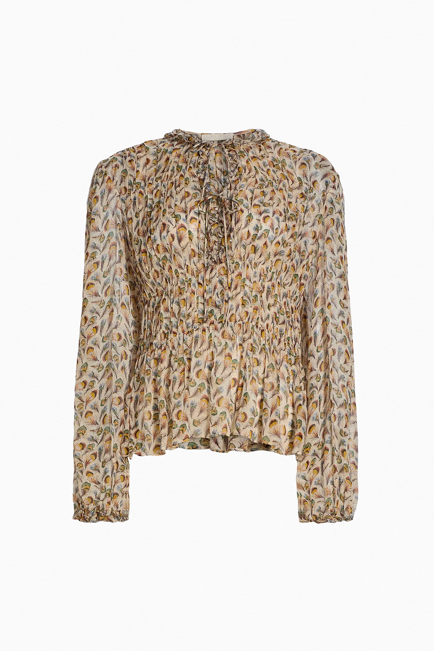 Swan Crinkled Silk Chiffon Blouse, Feather Print Front Tie - Flat Lay | Ulla Johnson