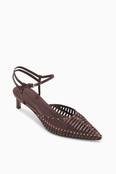 Chocolate Studded Leather Kitten Heels - Three Quarter View | Ulla Johnson