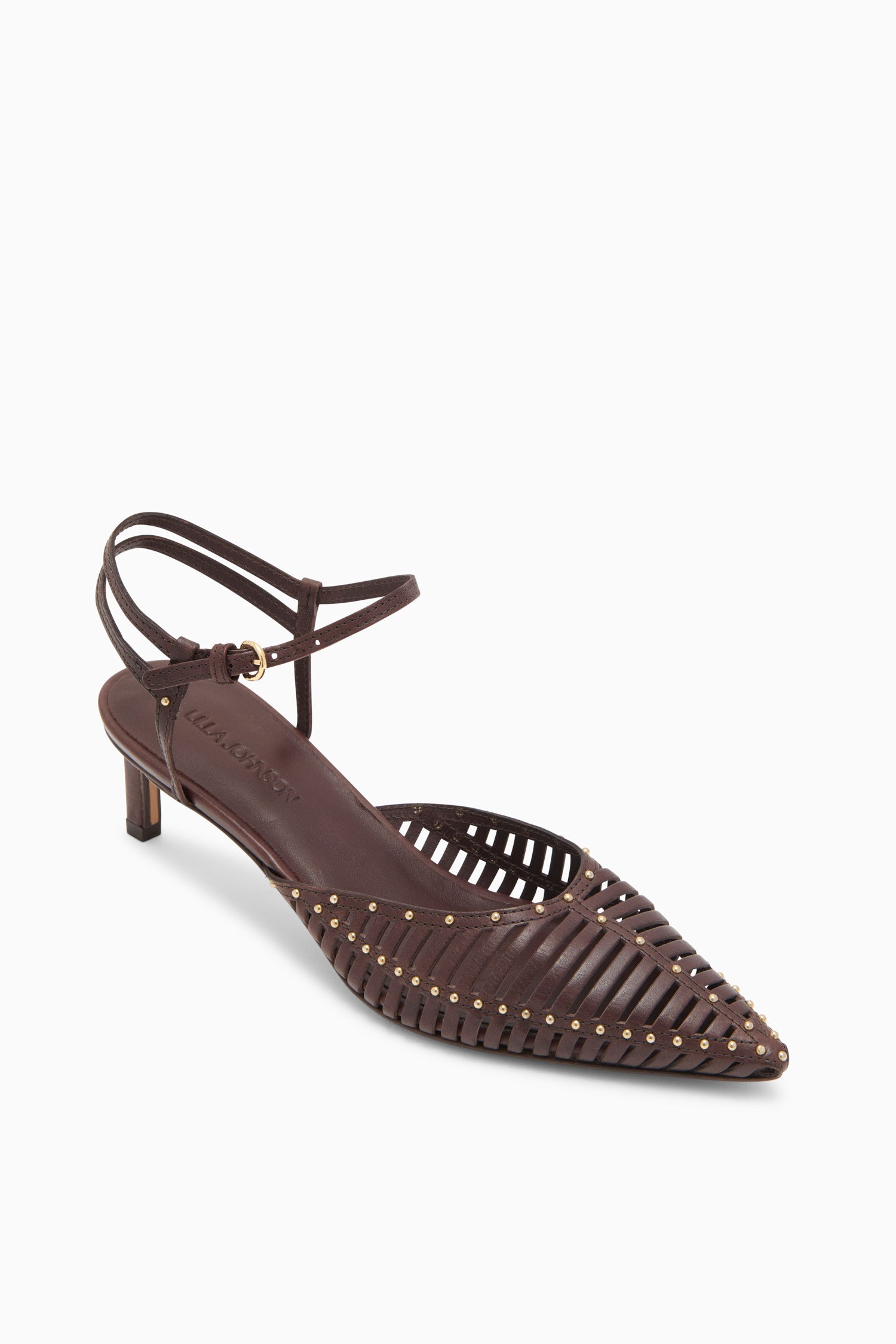Ulla Johnson Chocolate Studded Leather Kitten Heels - Three Quarter View | Ulla Johnson