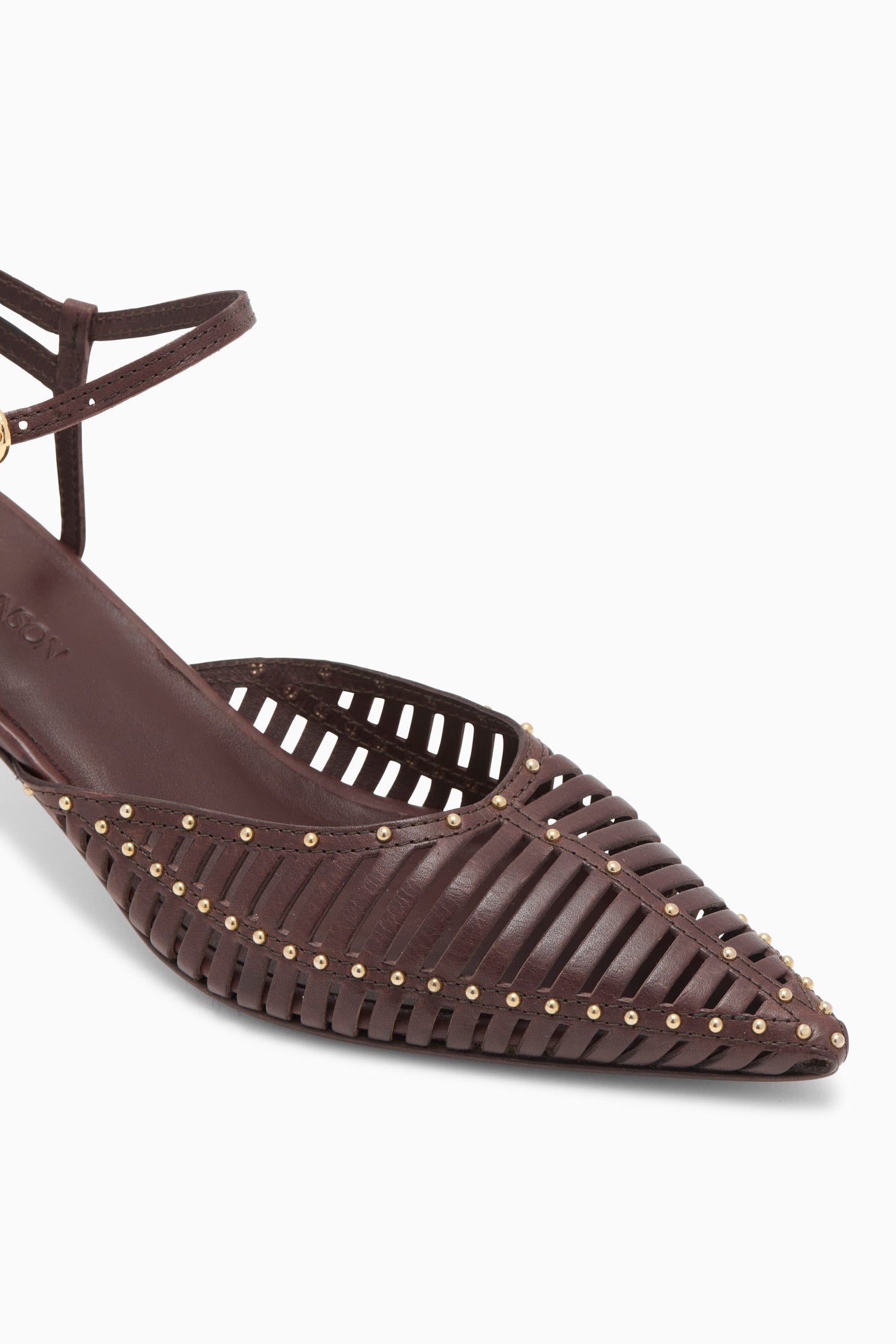 Ulla Johnson Brown Cage Heel with Gold Studs - Detail View | Ulla Johnson