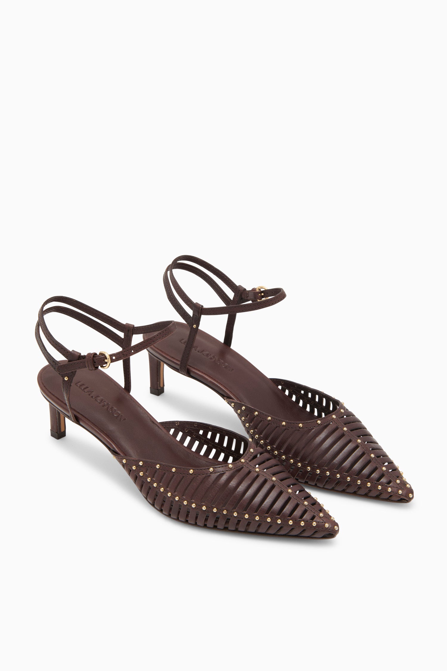 Ulla Johnson Chocolate Brown Caged Kitten Heels - Pair Front View | Ulla Johnson