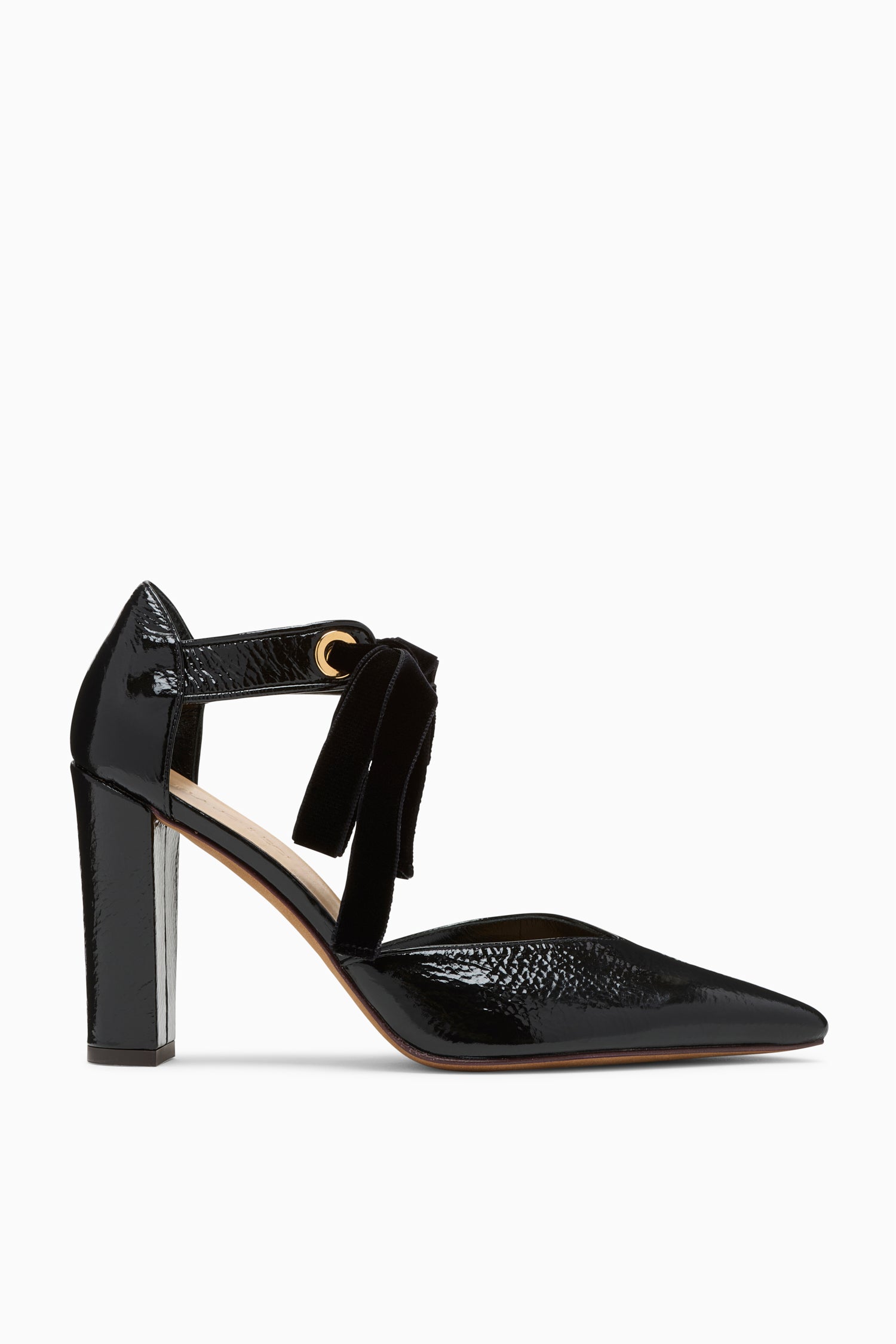 Noir Crinkled Patent Leather Eyelet Heel - Side Profile | Ulla Johnson