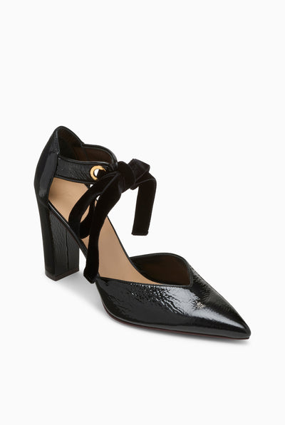 Noir Crinkled Patent Leather D'Orsay Eyelet Heel - Three-Quarter View | Ulla Johnson