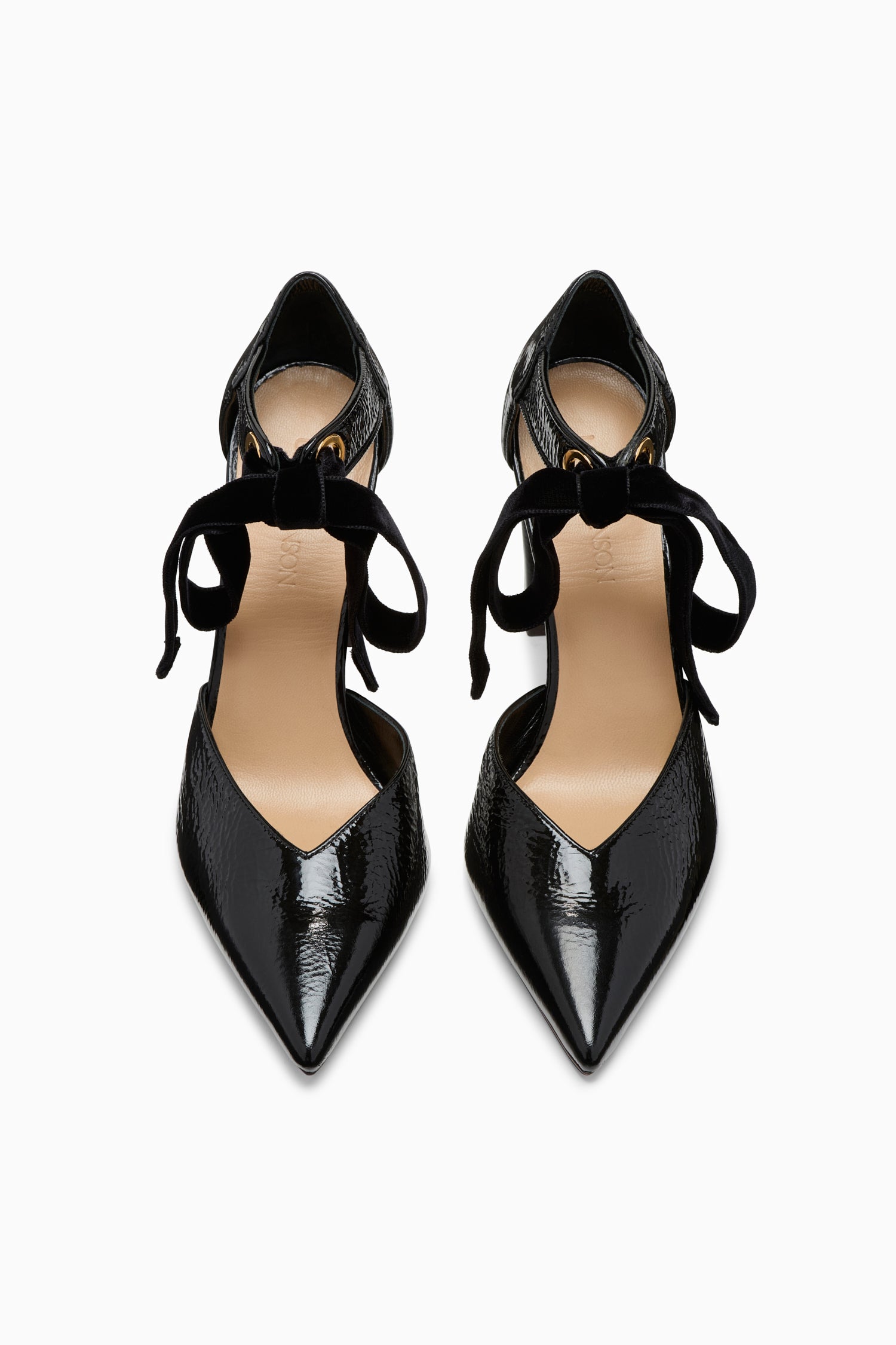 Ulla Johnson Noir Crinkled Patent Leather Pointed-Toe Eyelet Heels - Top View Pair | Ulla Johnson