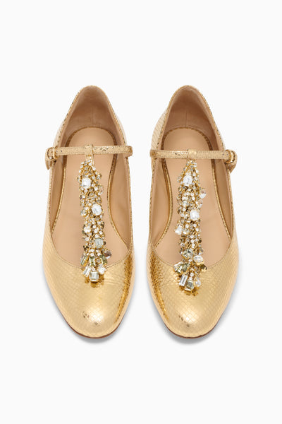 Gold Embossed Python Luxury Crystal T-Strap Ballerina Flats - Top-Down Pair View | Ulla Johnson