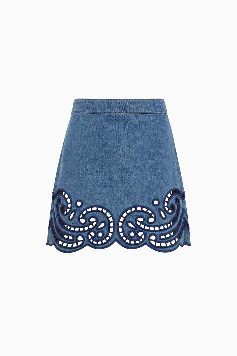 The Cadiz Eyelet Denim Skirt - River Embroidered Denim Mini Skirt