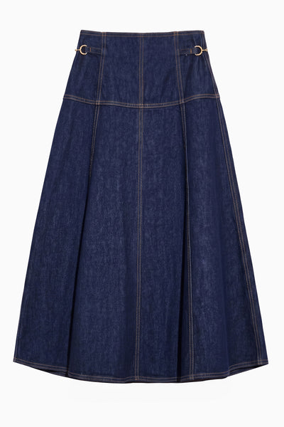 Tigris Dark Wash Denim A-Line Midi Skirt - Flat Lay, Twisted Brass Hardware | Ulla Johnson