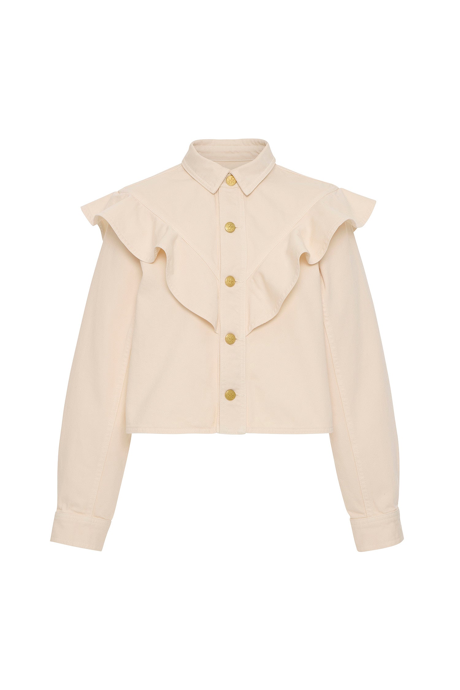 Pearled Cowrie Cotton Designer Shirt with Gold Monogram Buttons - Flat Lay | Ulla Johnson