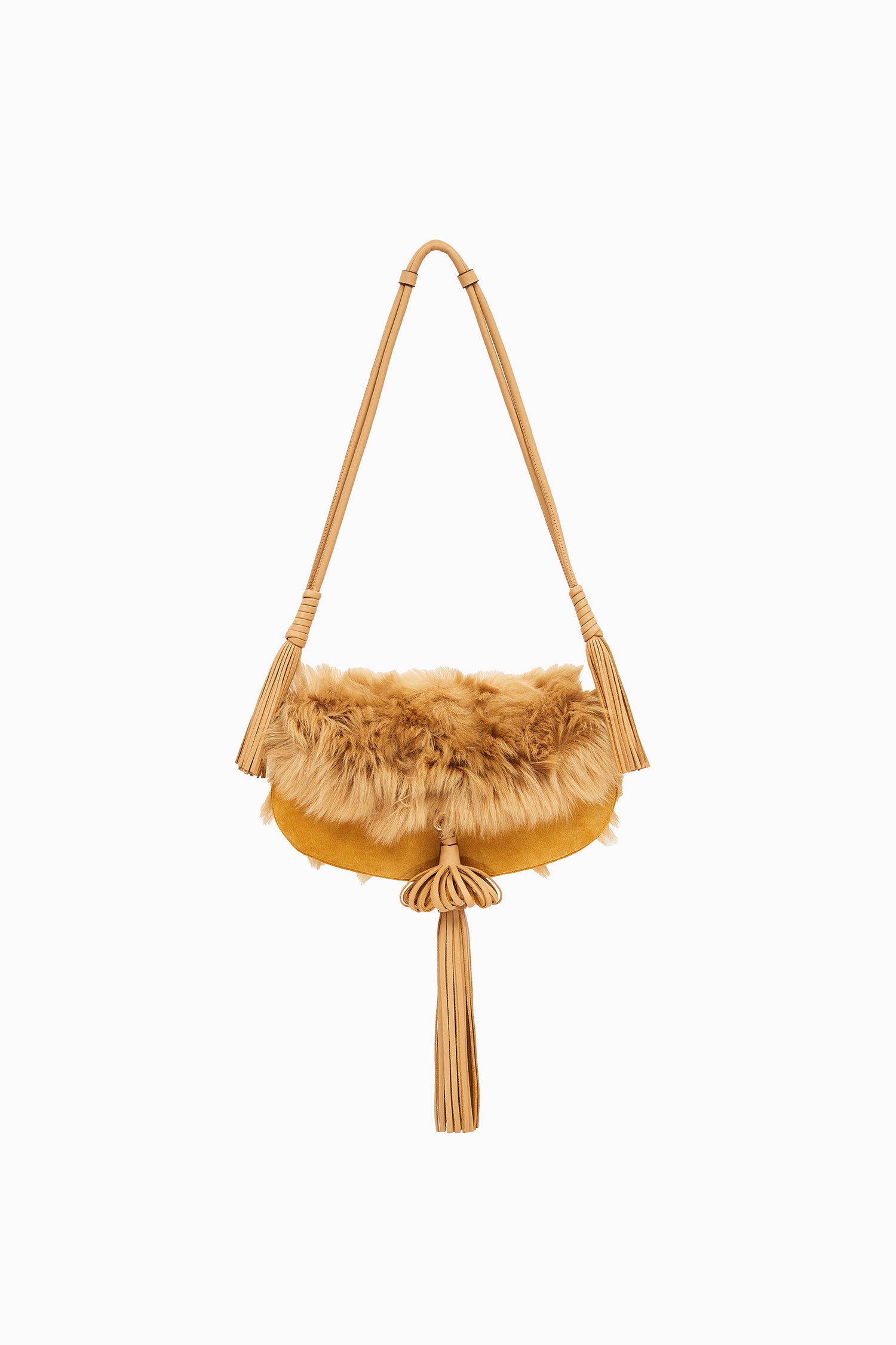 Lotus Suede & Shearling Paloma Tassel Demi Lune Bag - Front View | Ulla Johnson