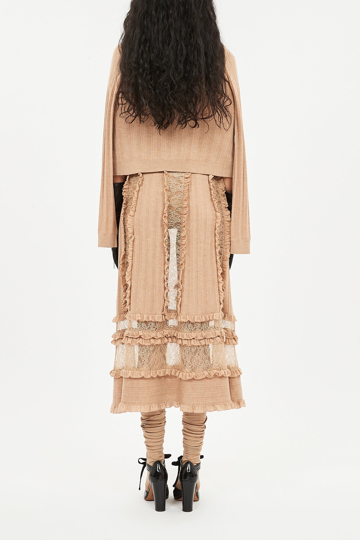 Ulla Johnson Vivian Ruffle and Lace Knit Midi Skirt- Camel Melange