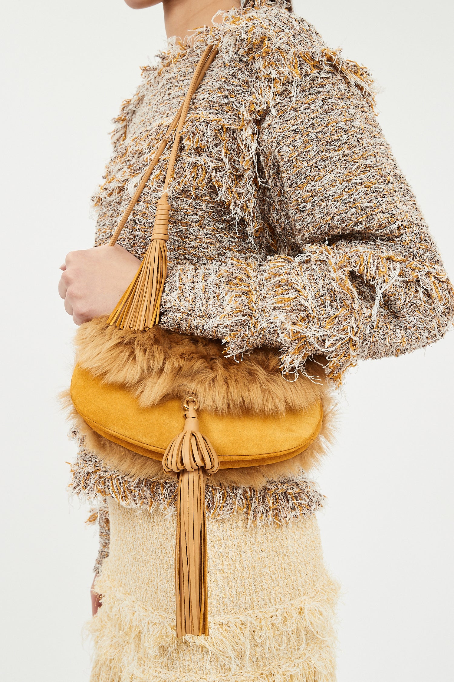 Ulla Johnson Lotus Designer Tassel Demi Lune Bag Worn On Model - AW25 Runway Look 46 | Ulla Johnson