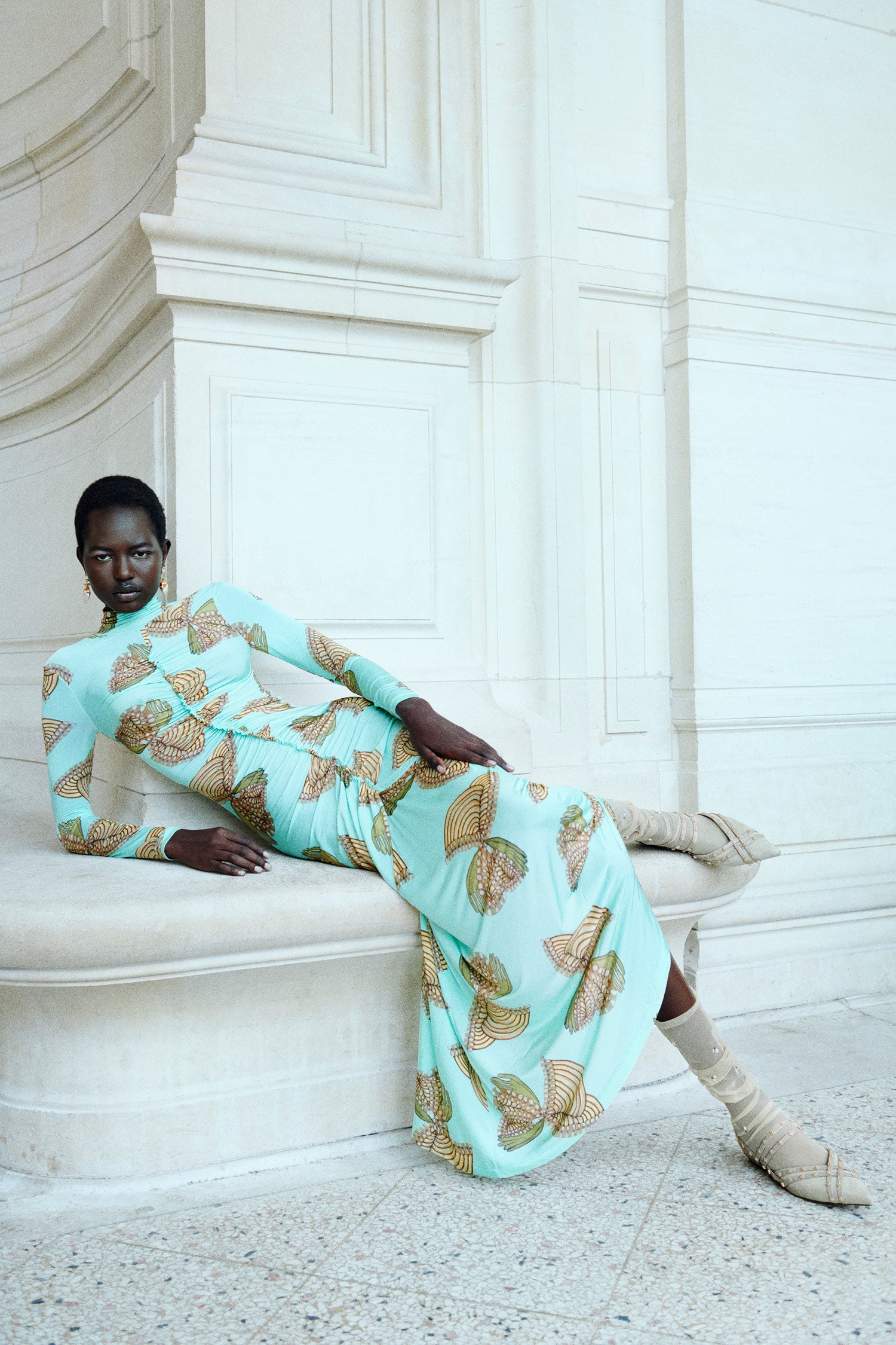 Ida LS Ruched Turtleneck Dress - Water Blossoms