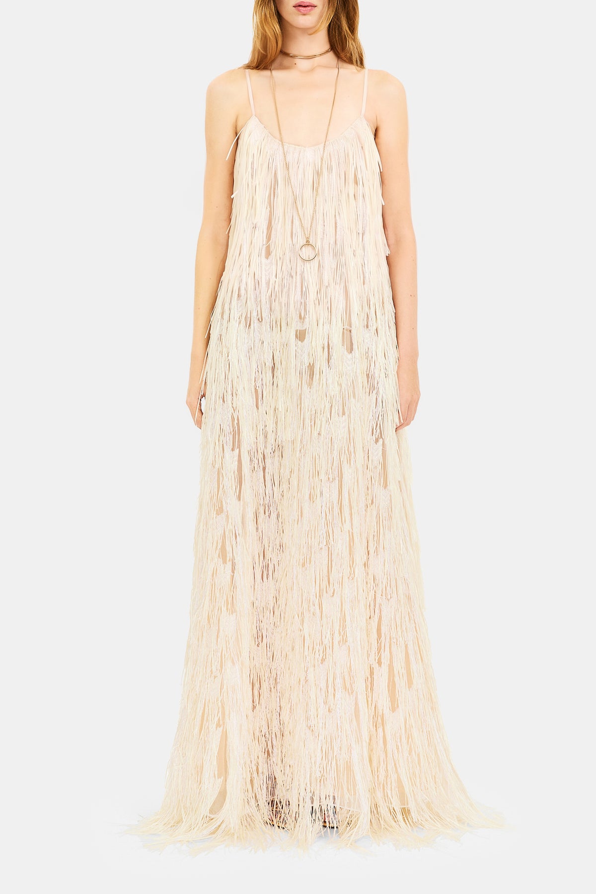 Vestido largo Maria con tirantes de espagueti y flecos - Ecru